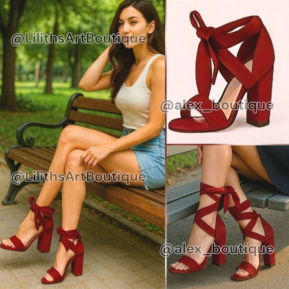 Wild Diva Shoes - Wild Diva Lounge Red Suede Strappy Chunky Block Heel Sandals(F037)-Size 9